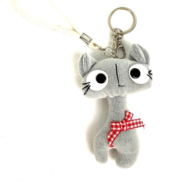 Cute Gray Cat Plush Keychain with Red Gingham Bow - Picture 1 of 9
